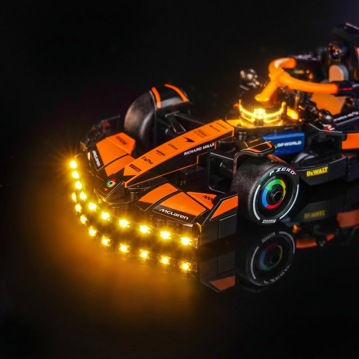 front view fully lit: Bright My Bricks LED light kit for LEGO® McLaren F1 Team MCL38 Race Car #77251