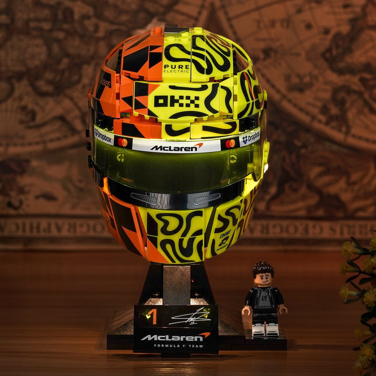 LEGO McLaren Mastercard F1 Team Lando Norris Helmet #43023 illuminated at night