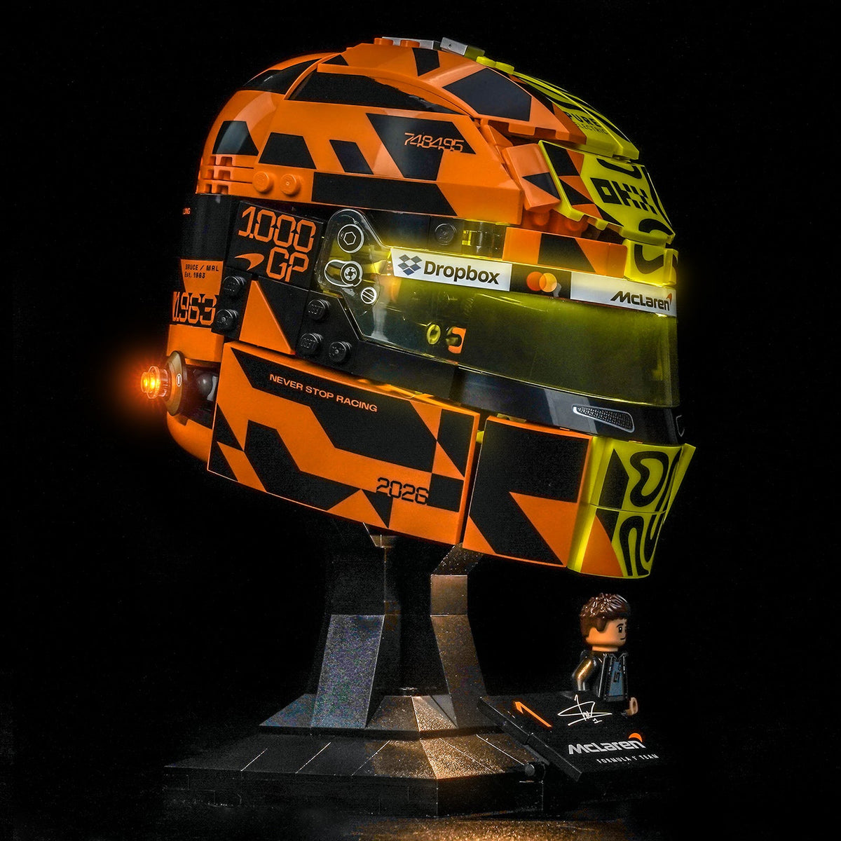 Close-up of LED lights on LEGO McLaren Mastercard F1 Team Lando Norris Helmet #43023