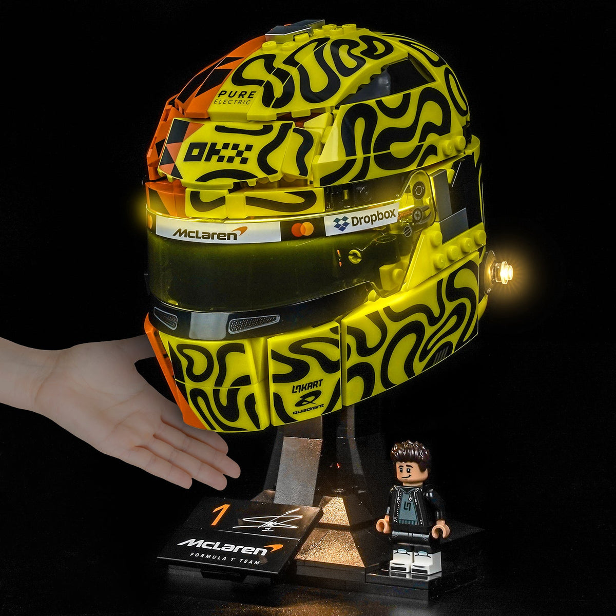 LED lights bring LEGO McLaren Mastercard F1 Team Lando Norris Helmet #43023 to life