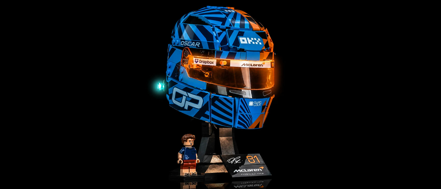 Light Kit for LEGO® McLaren Mastercard F1 Team Oscar Piastri Helmet #43017 — lit with the LED light kit