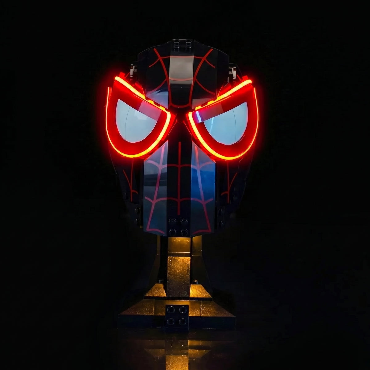 LEGO® Miles Morales' Mask #76329 warm LED glow detail, with the DIY LED light kit