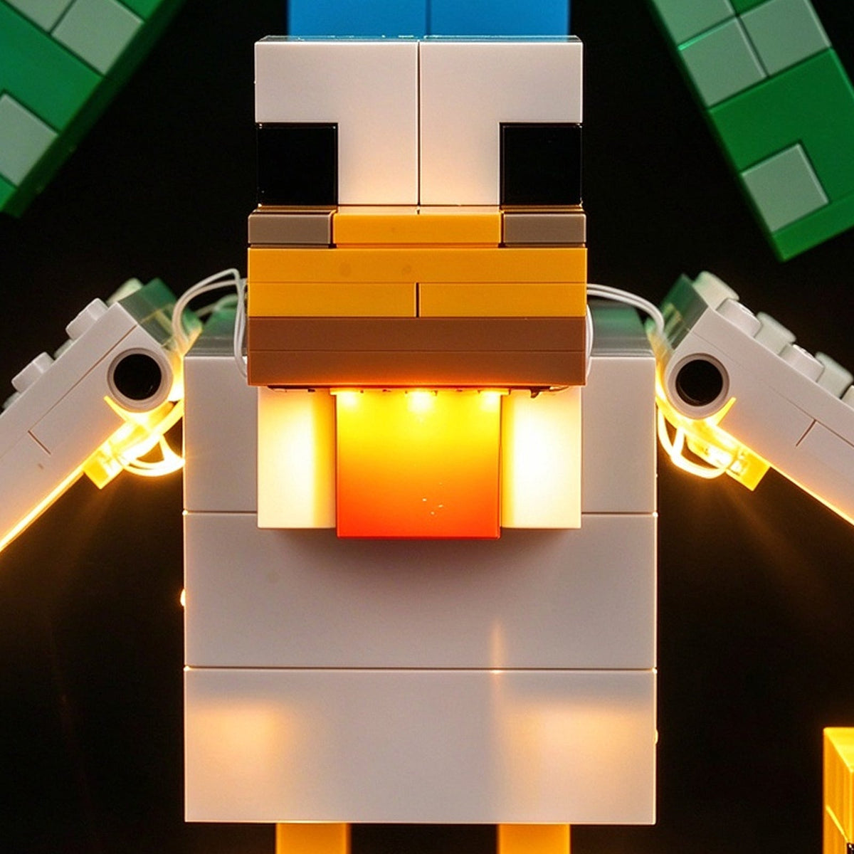Warme LED-Nahaufnahme des Hühnergesichts bei LEGO® Minecraft® Hühnerreiter #21582