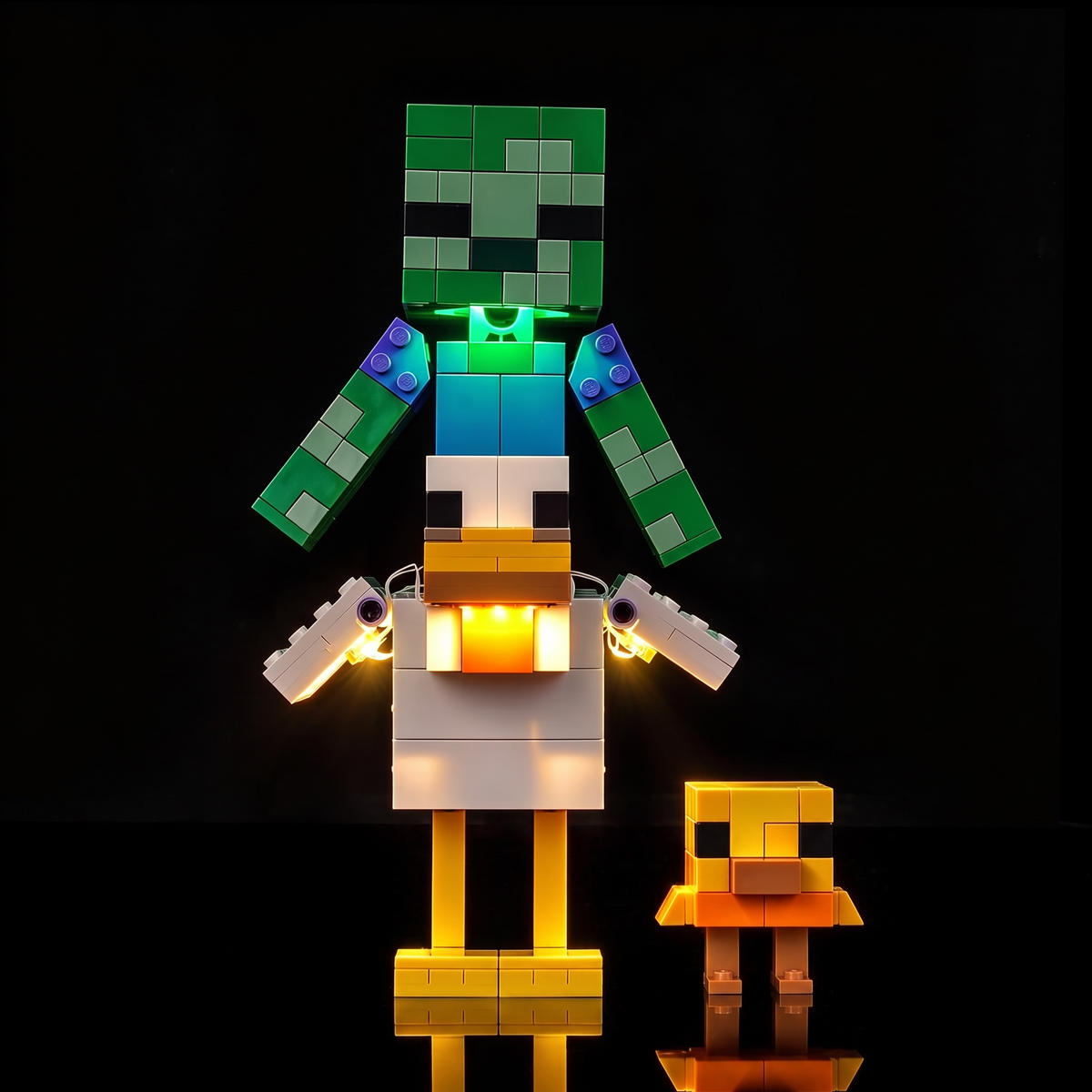 Frontansicht des beleuchteten LEGO® Minecraft® Hühnerreiters #21582 mit Zombie und leuchtendem Huhn