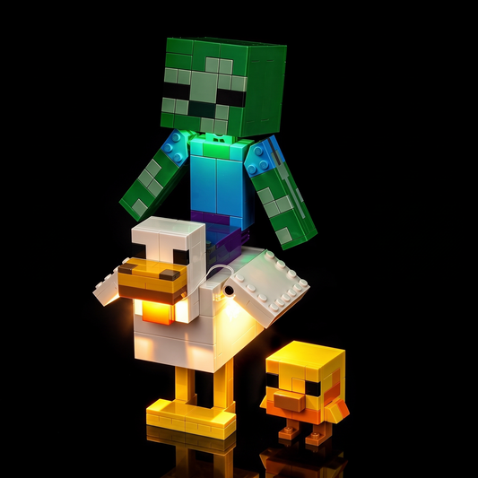 LEGO® Minecraft® Hühnerreiter #21582 mit grün beleuchtetem Zombie und warm leuchtendem Huhn