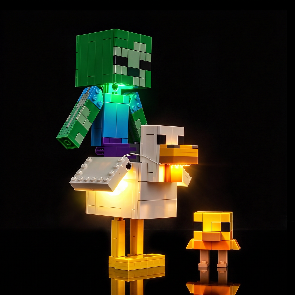 Linke Ansicht des LEGO® Minecraft® Hühnerreiters #21582 mit beleuchtetem Reiter und Huhn