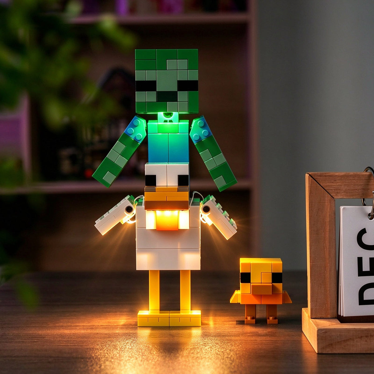 Stimmungsvolle Ansicht des LEGO® Minecraft® Hühnerreiters #21582 mit grünem und warmem Licht