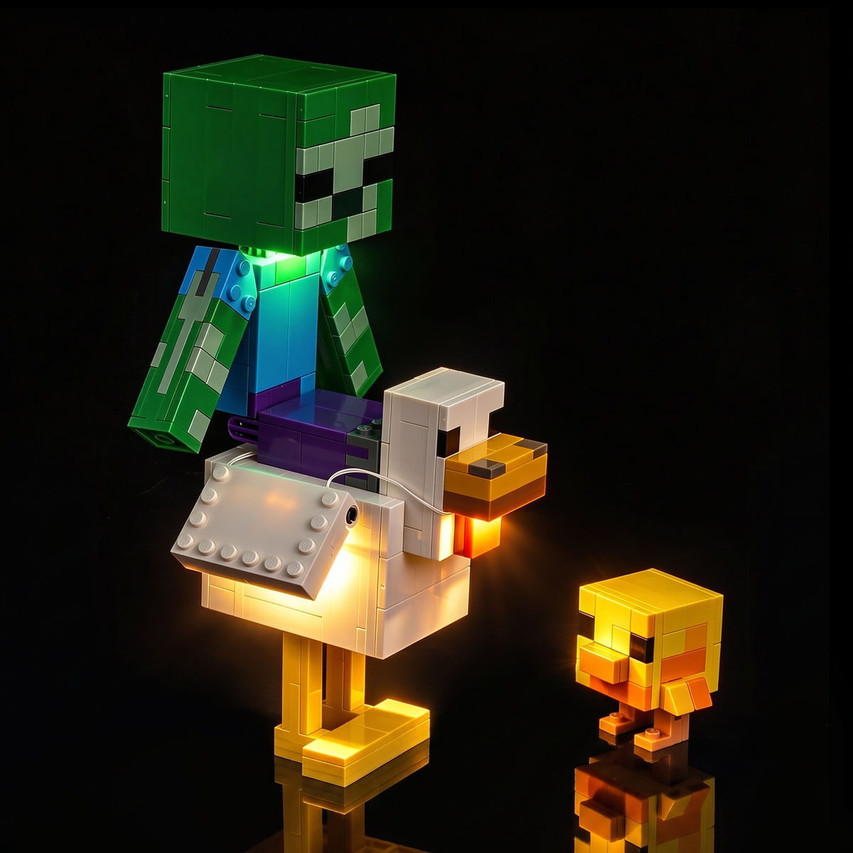 Rechte Ansicht des LEGO® Minecraft® Hühnerreiters #21582 mit grünen und warmen LED-Kontrasten