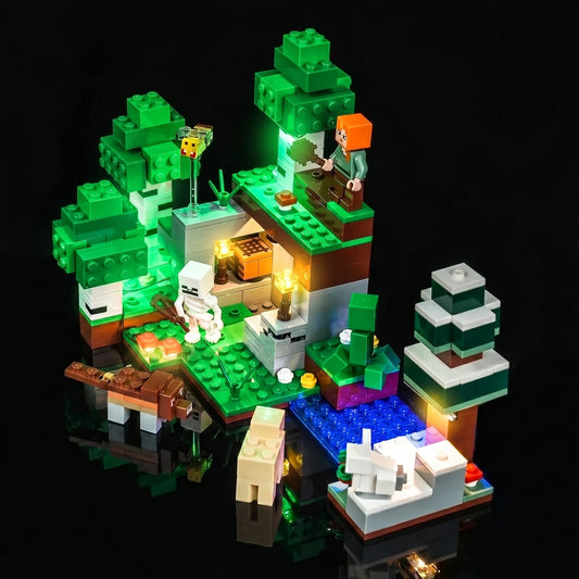 Bright My Bricks RGB LED light kit for LEGO® Minecraft First Night Adventure #21593 — display lighting in a dark room