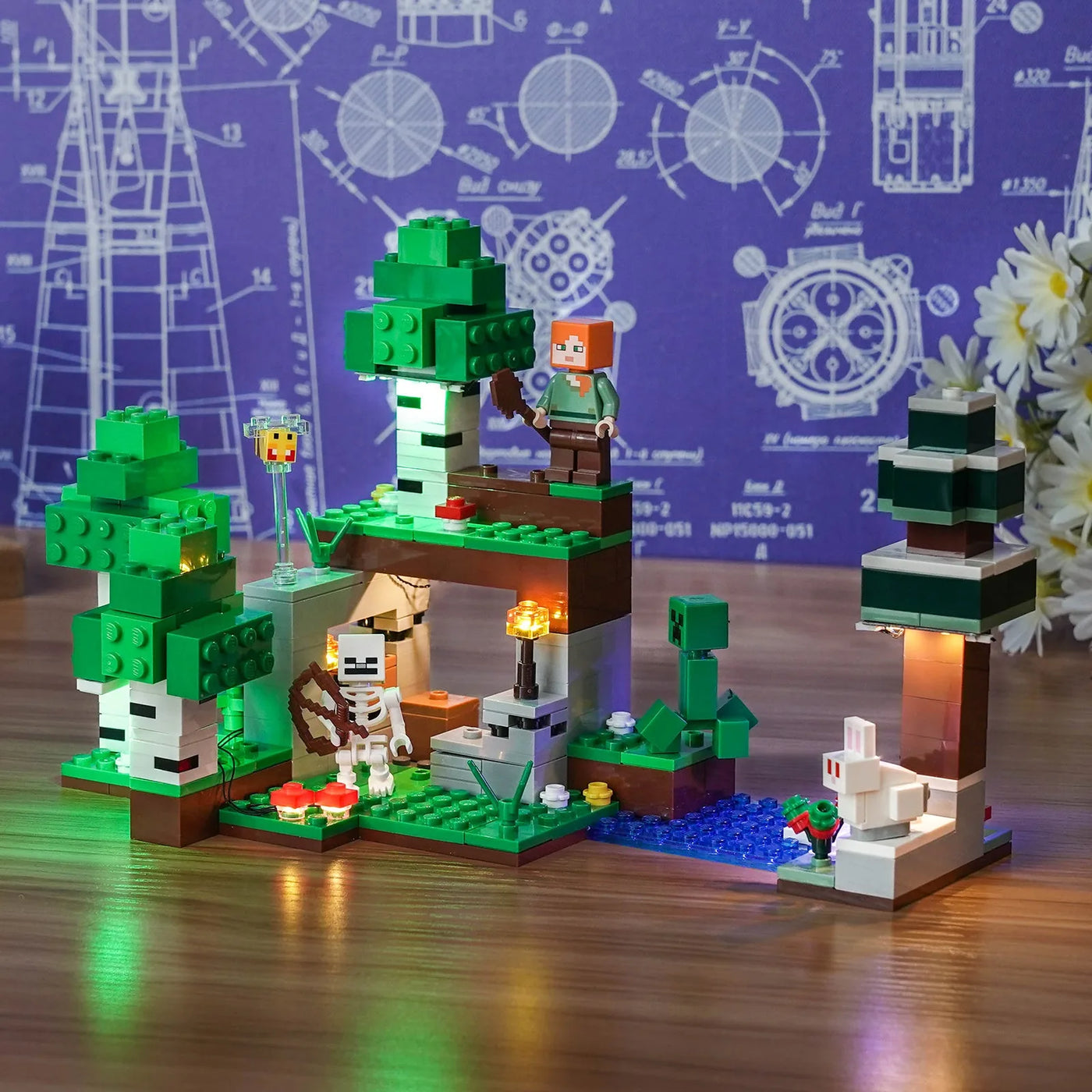 LEGO® Minecraft First Night Adventure #21593 — showcase lighting view (DIY LED light kit)