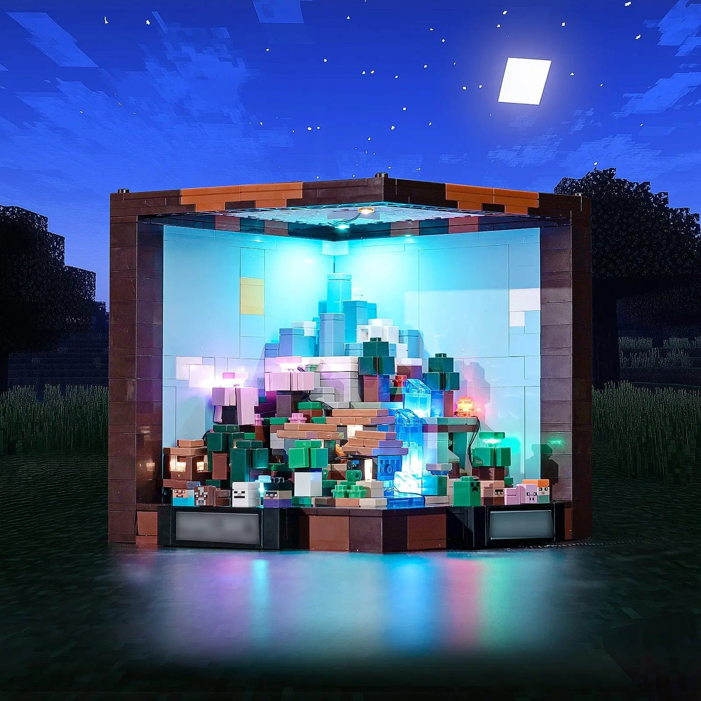 side angle with lights on: Bright My Bricks DIY LED light kit for LEGO® Minecraft The Crafting Table #21265