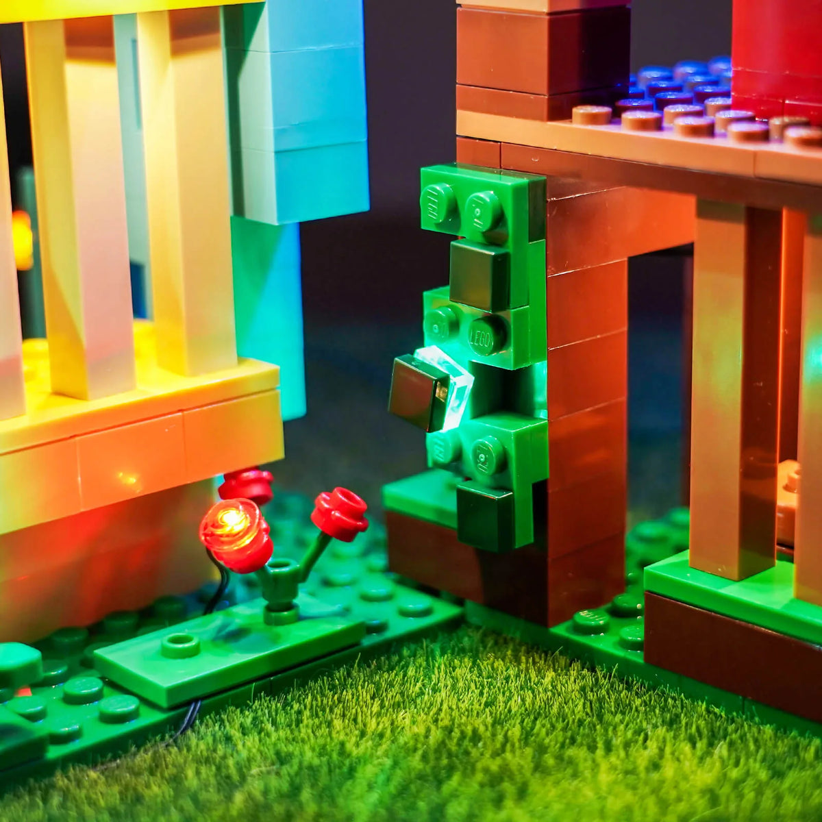 LED lighting kit for LEGO® Minecraft The Parrot Houses #21282, illuminated at night