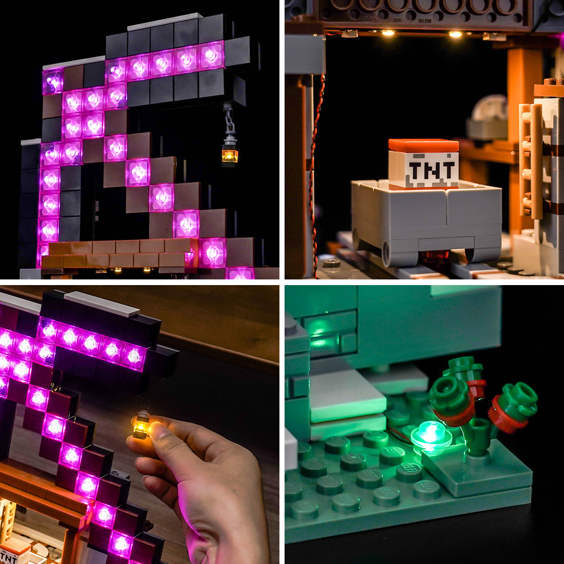 LEGO® Minecraft The Pickaxe Mine #21277 brightened interior detail, with the RGB LED light kit