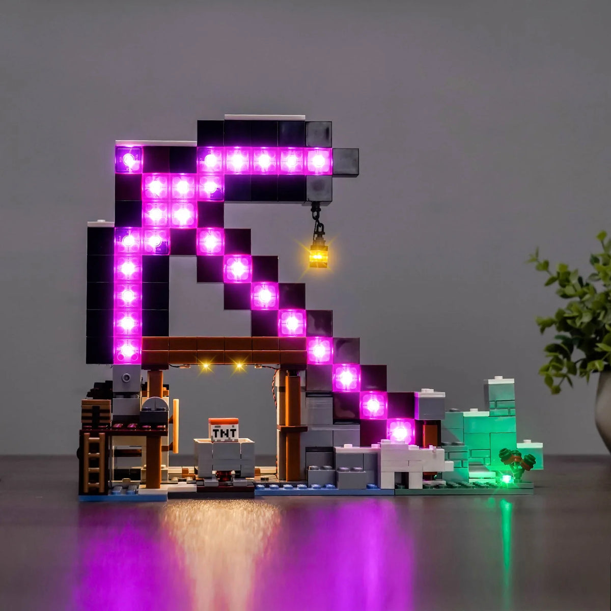LEGO® Minecraft The Pickaxe Mine #21277 — front view fully lit (custom LED lighting)