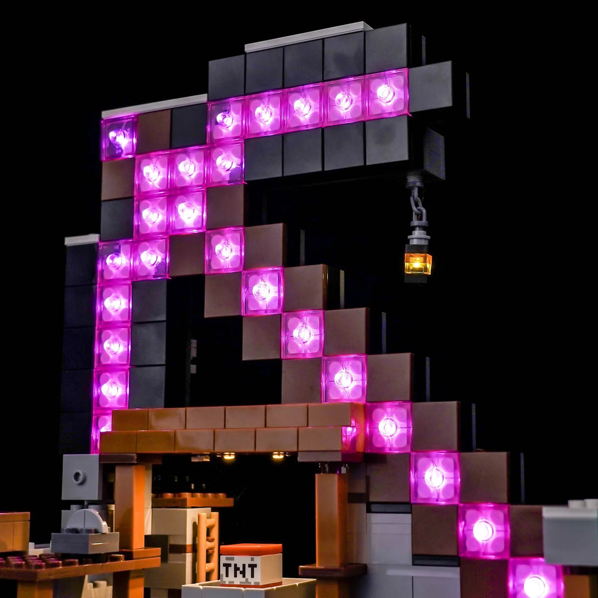 LEGO® Minecraft The Pickaxe Mine #21277 — side angle with lights on (RGB LED light kit)