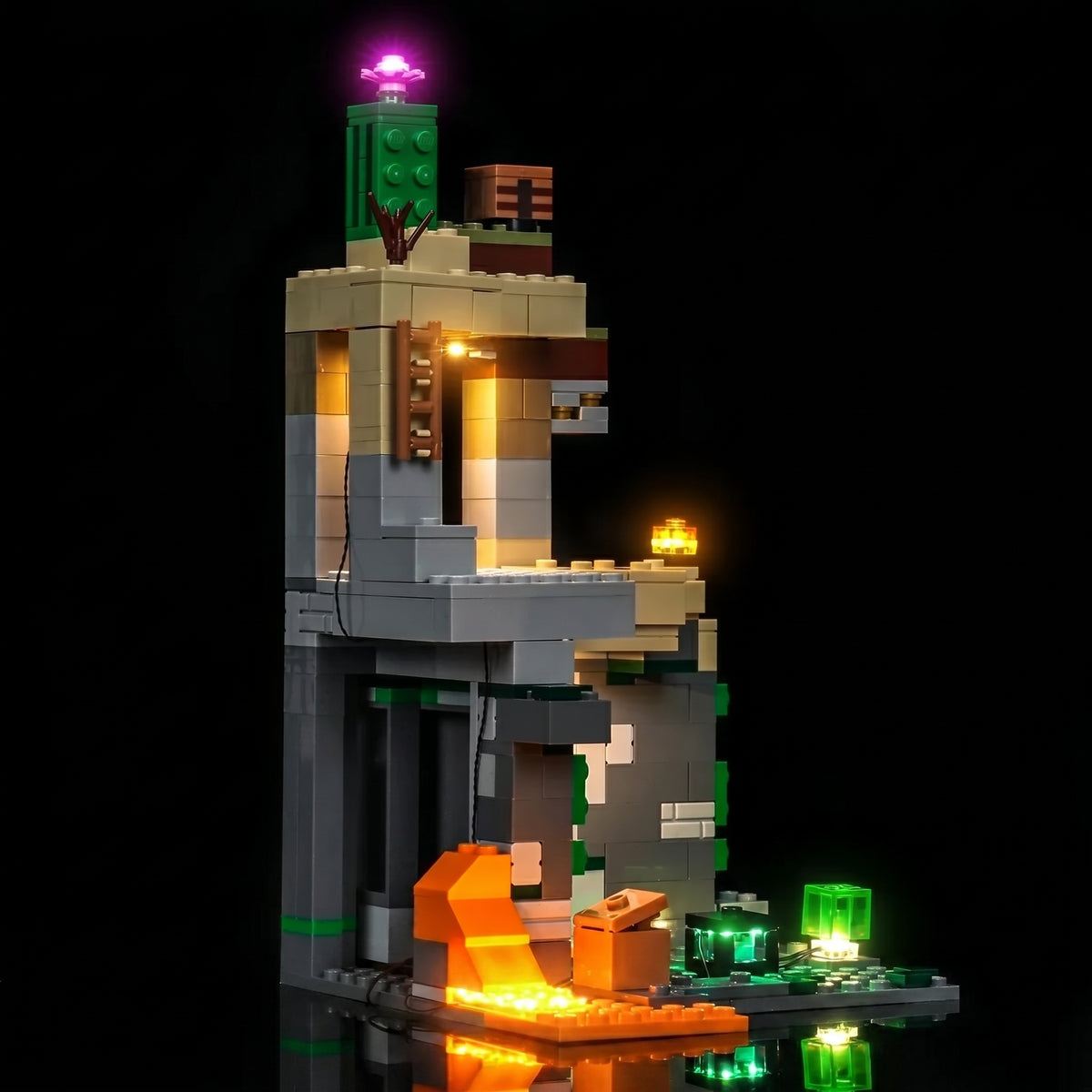 side angle with lights on: Bright My Bricks DIY LED light kit for LEGO® Minecraft Zombie Dungeon #21587