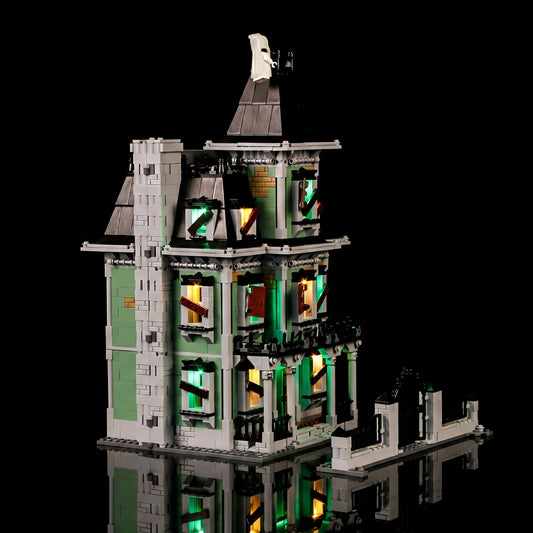 side angle with lights on: Bright My Bricks display light kit for LEGO® Monster Fighters Haunted House #10228