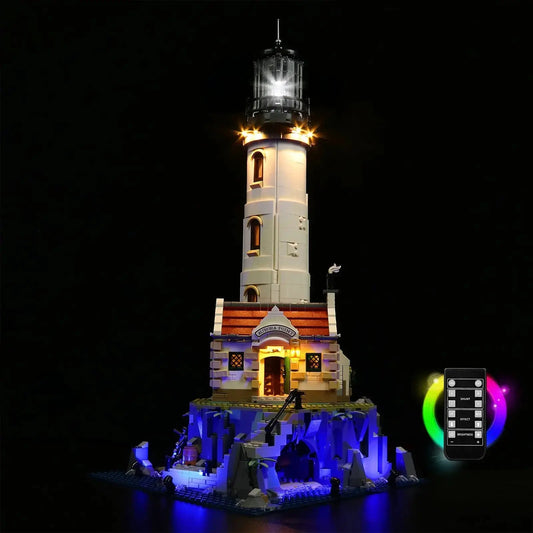 LEGO® Motorized Lighthouse #21335 — installed and glowing (premium LED light kit)