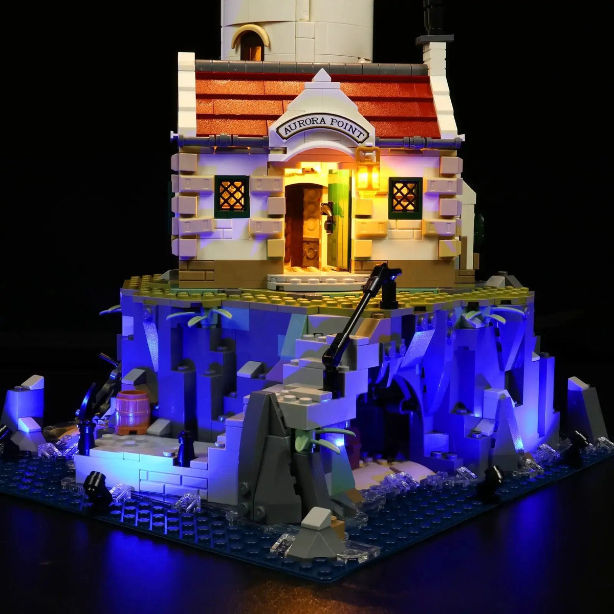 Bright My Bricks USB-powered LED light kit for LEGO® Motorized Lighthouse #21335 — fully illuminated on display