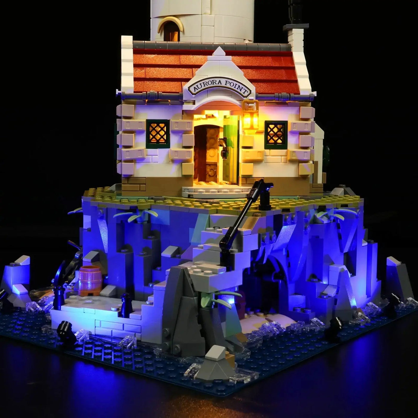 Bright My Bricks USB-powered LED light kit for LEGO® Motorized Lighthouse #21335 — fully illuminated on display