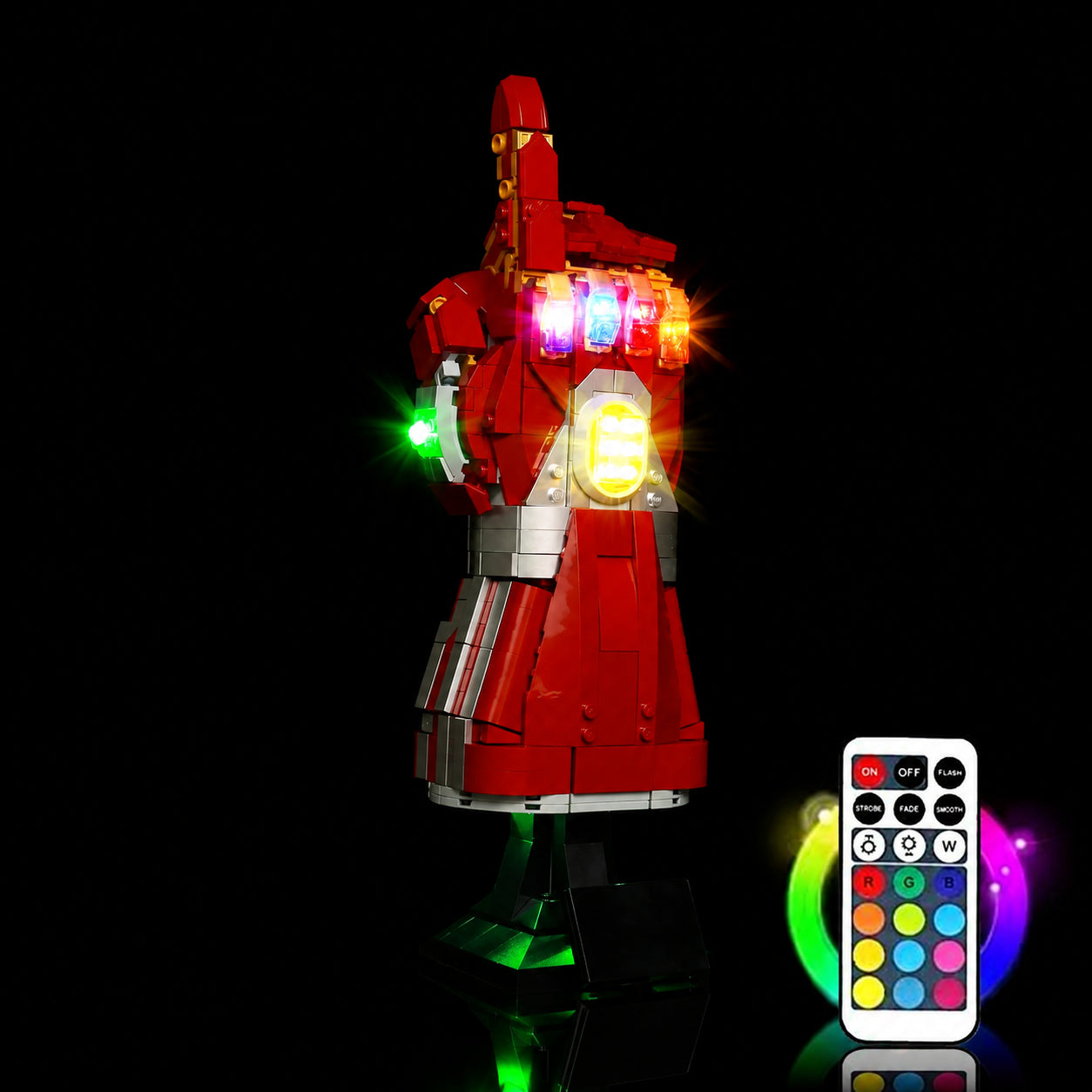 LEGO® Nano Gauntlet #76223 side angle with lights on, with the RGB LED light kit
