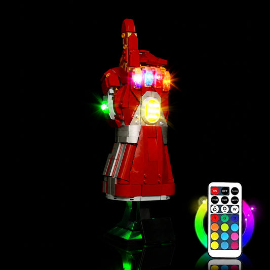 LEGO® Nano Gauntlet #76223 side angle with lights on, with the RGB LED light kit
