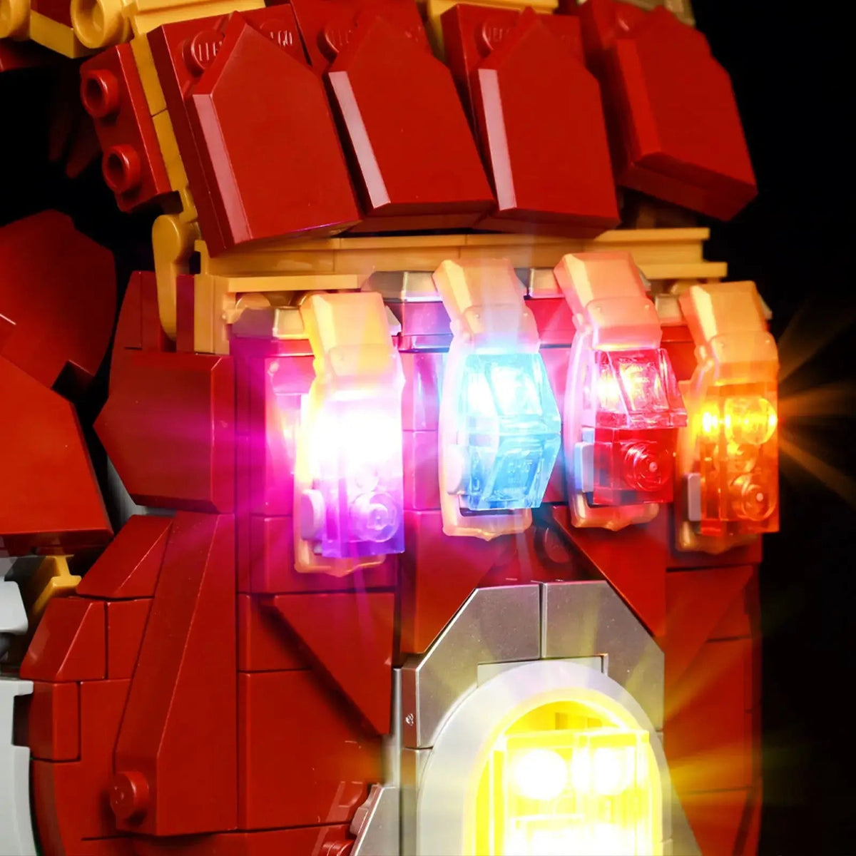 LEGO® Nano Gauntlet #76223 LED kit powered on, with the LED lighting kit