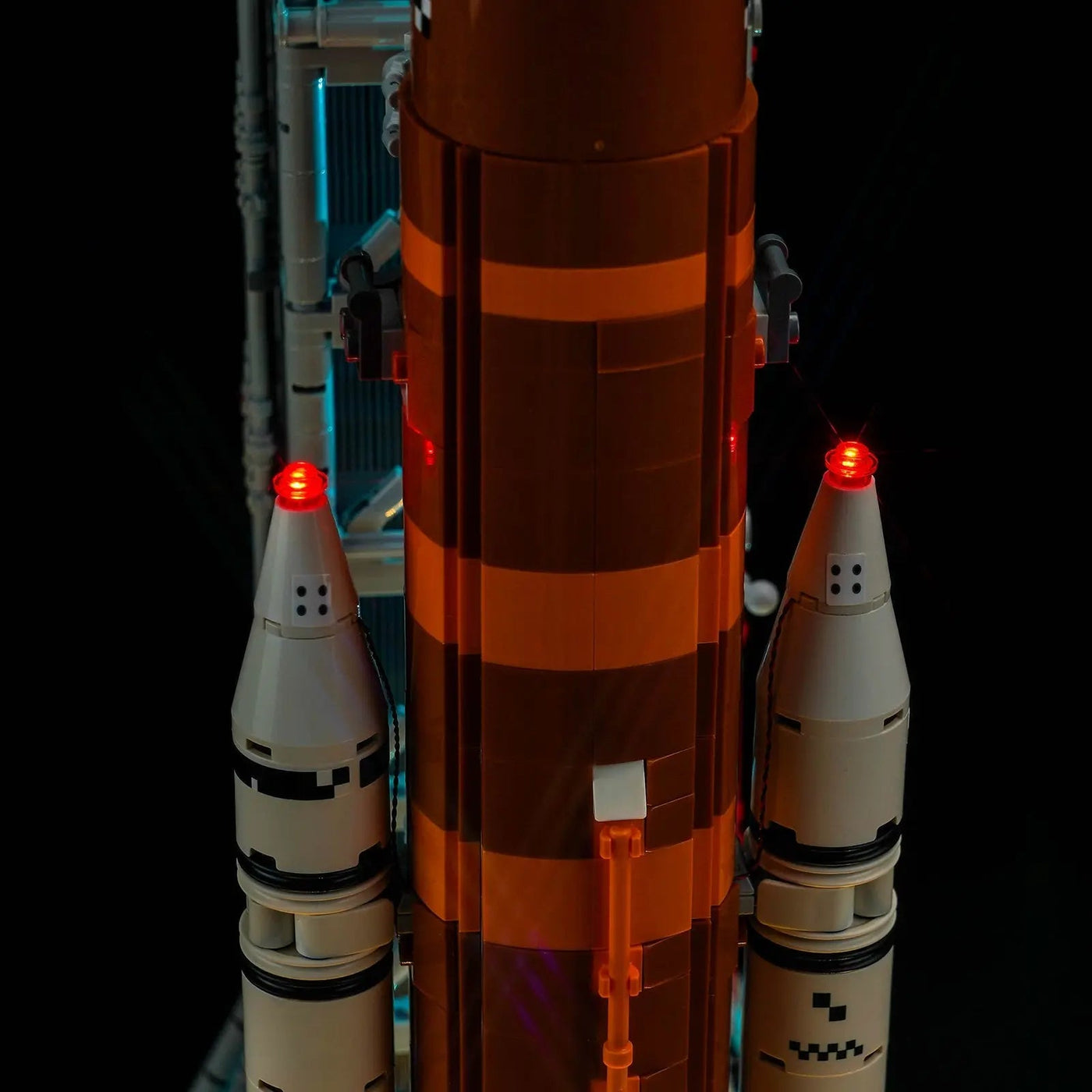LEGO® NASA Artemis Space Launch System #10341 — illuminated at night (USB-powered LED light kit)