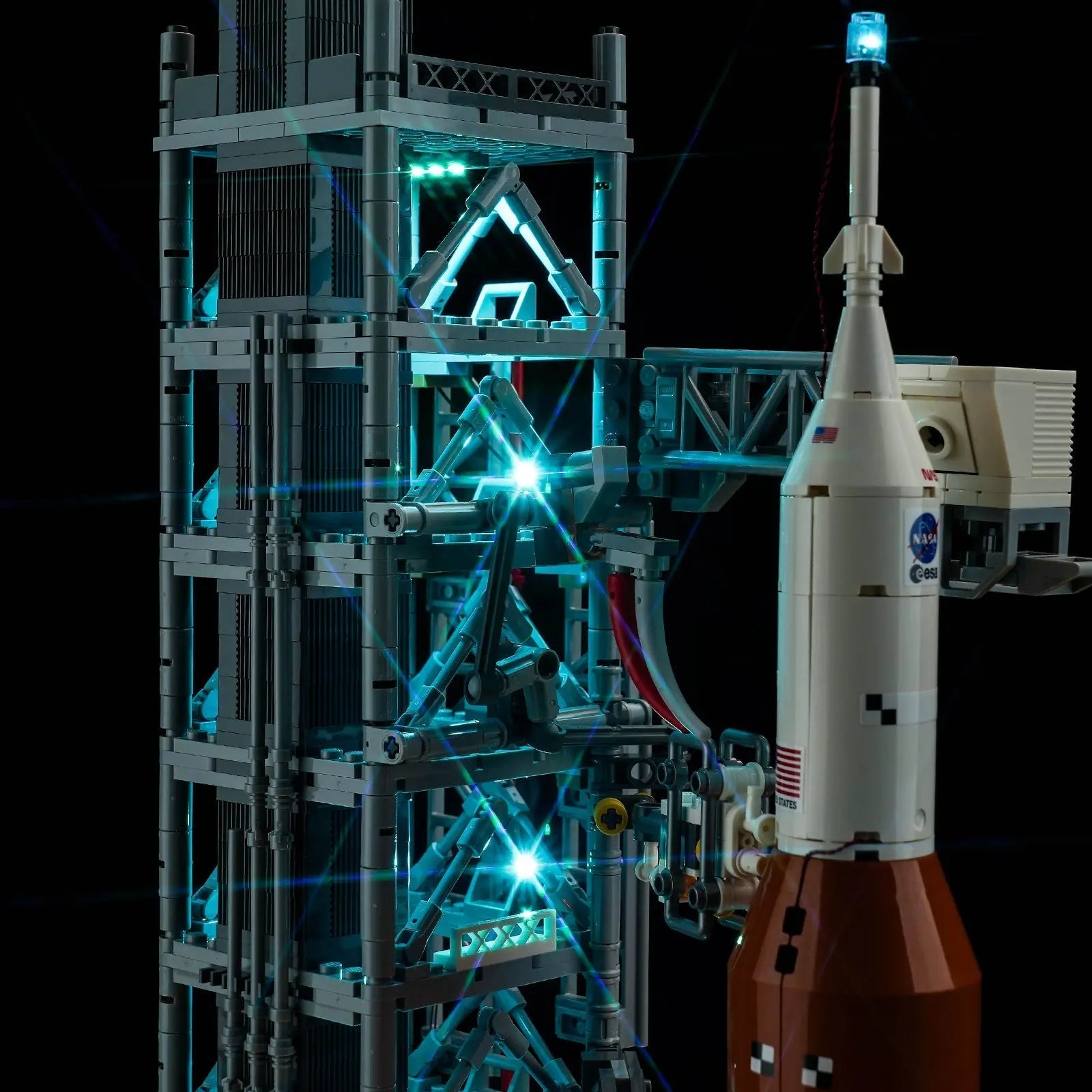 Close-up of LED lights on LEGO NASA Artemis Space Launch System Blue #10341