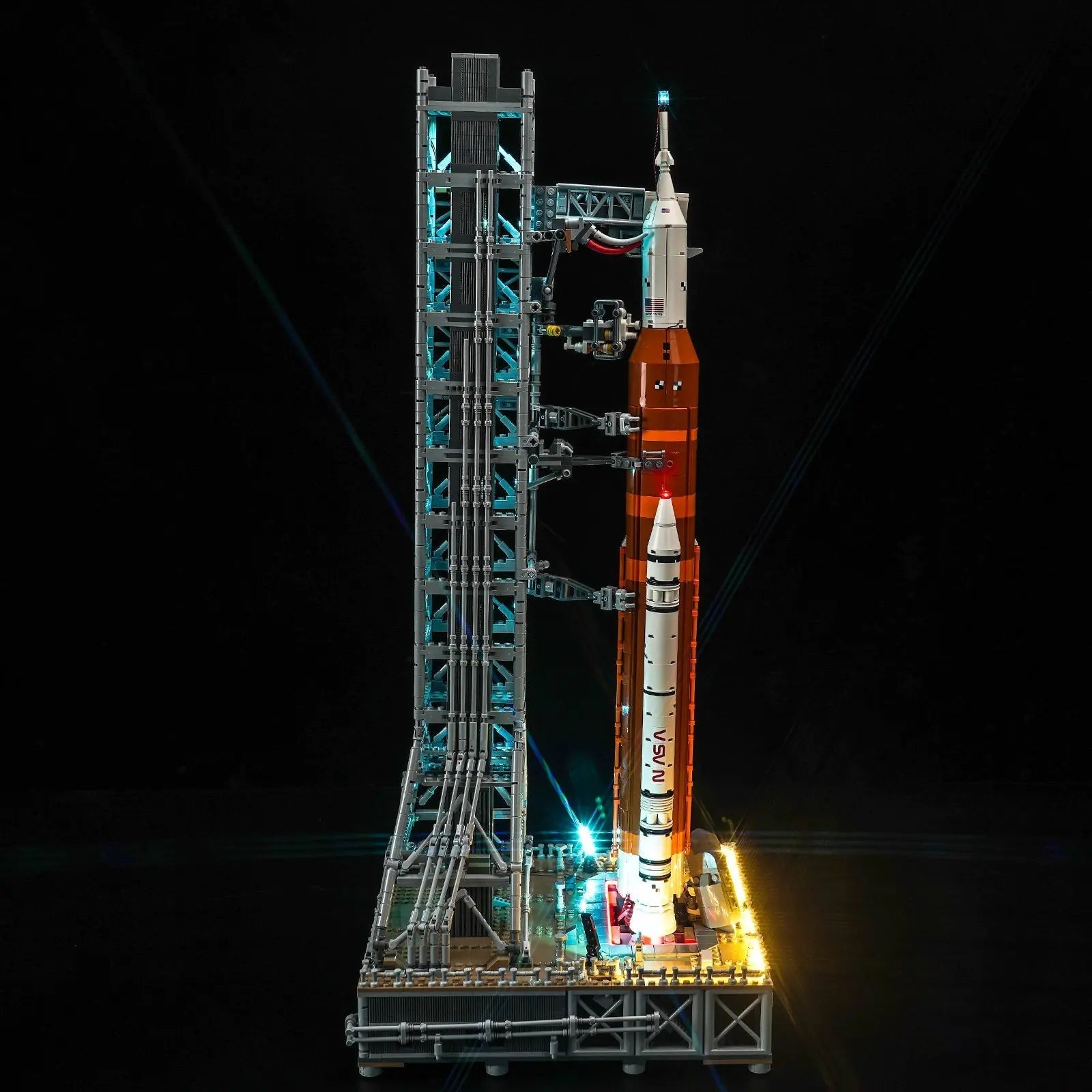 LEGO NASA Artemis Space Launch System Blue #10341 illuminated at night