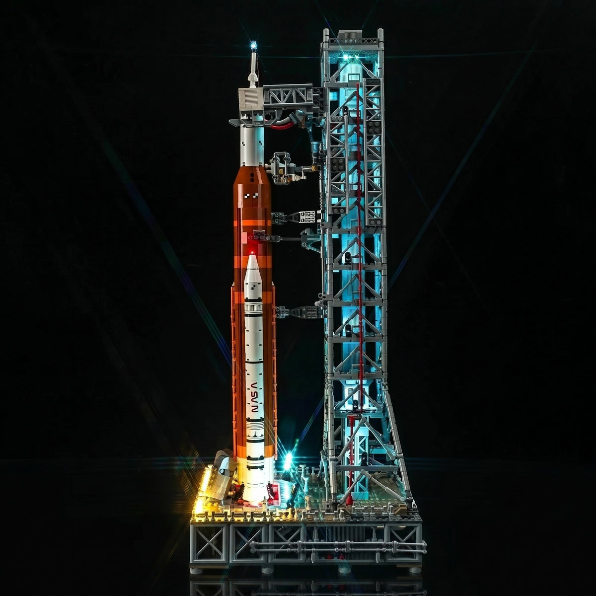 LED lights for LEGO® NASA Artemis Space Launch System #10341, installed and glowing