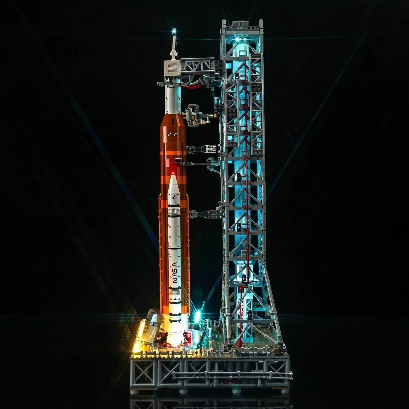 LED lights for LEGO® NASA Artemis Space Launch System #10341, installed and glowing