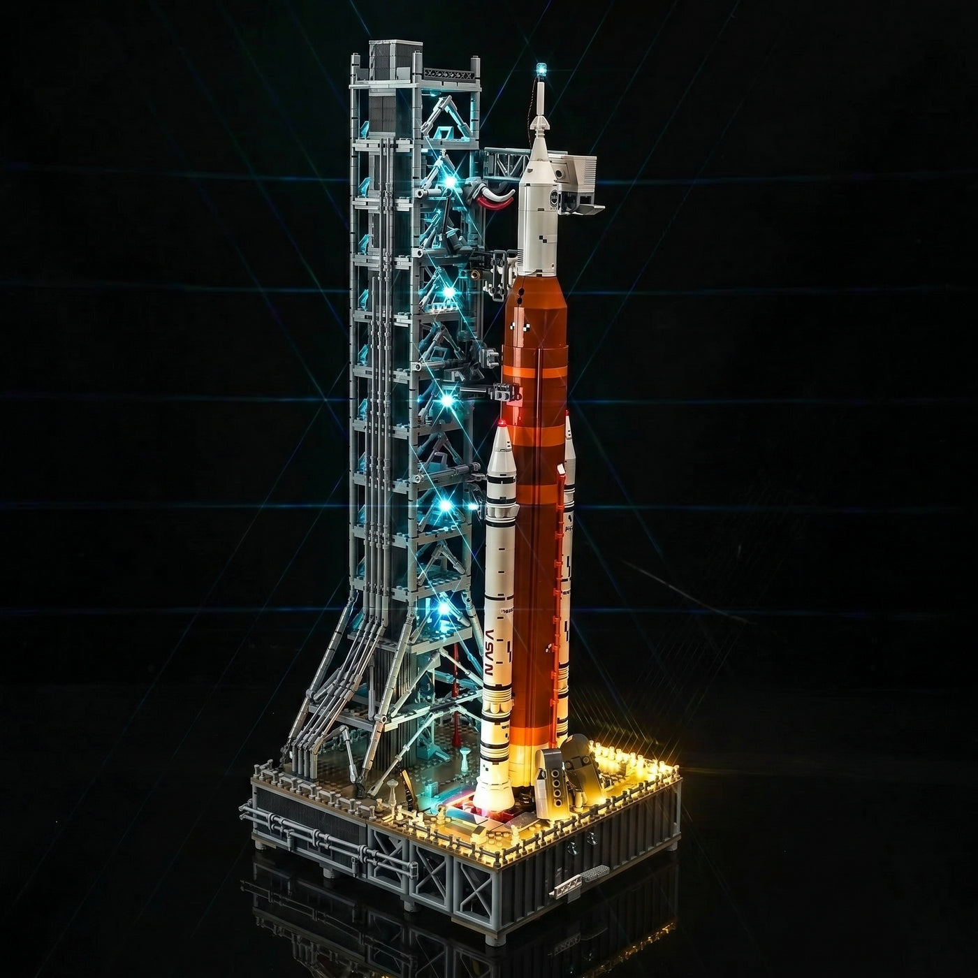LEGO® NASA Artemis Space Launch System #10341 — showcase lighting view (custom LED lighting)