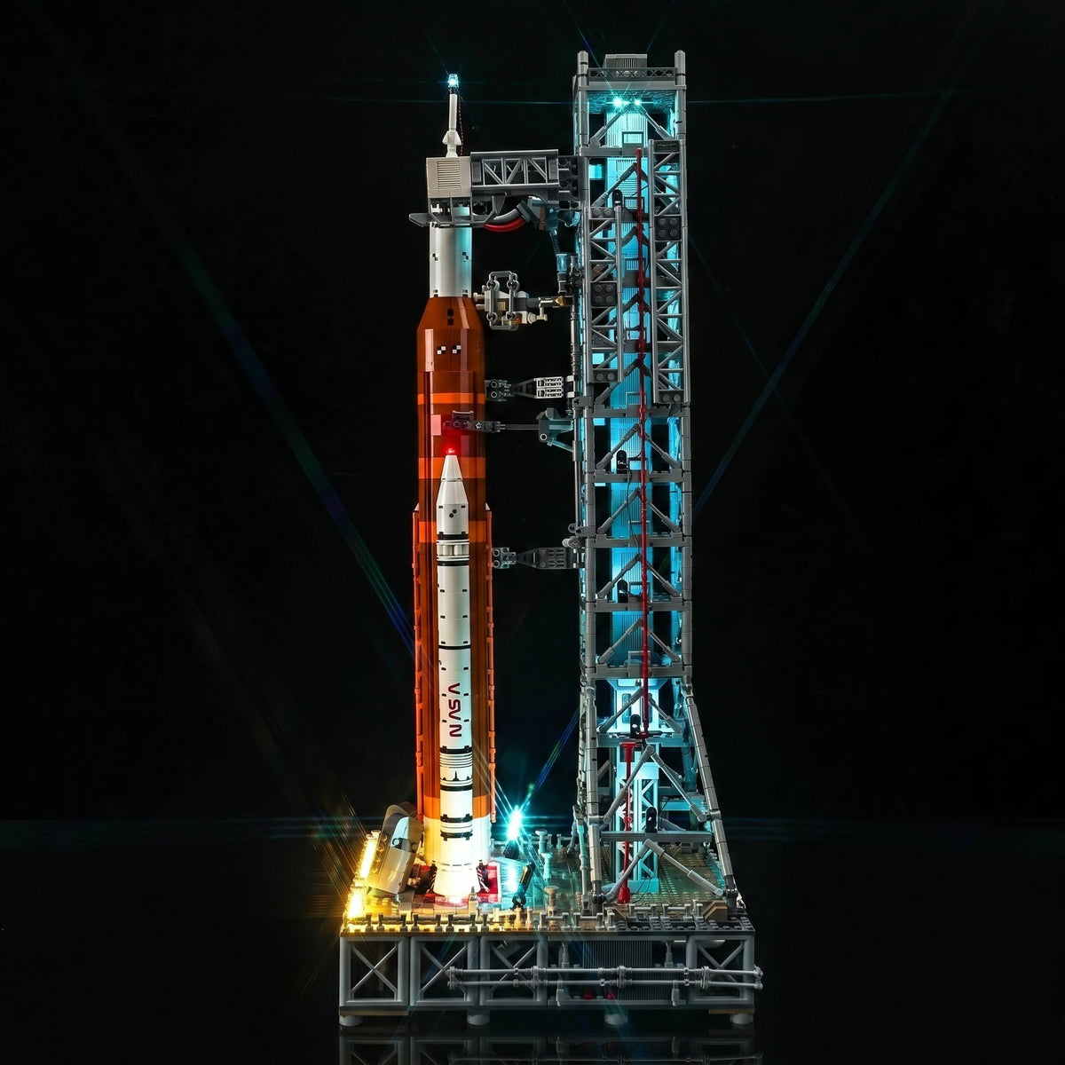 DIY LED light kit for LEGO® NASA Artemis Space Launch System #10341, illuminated at night