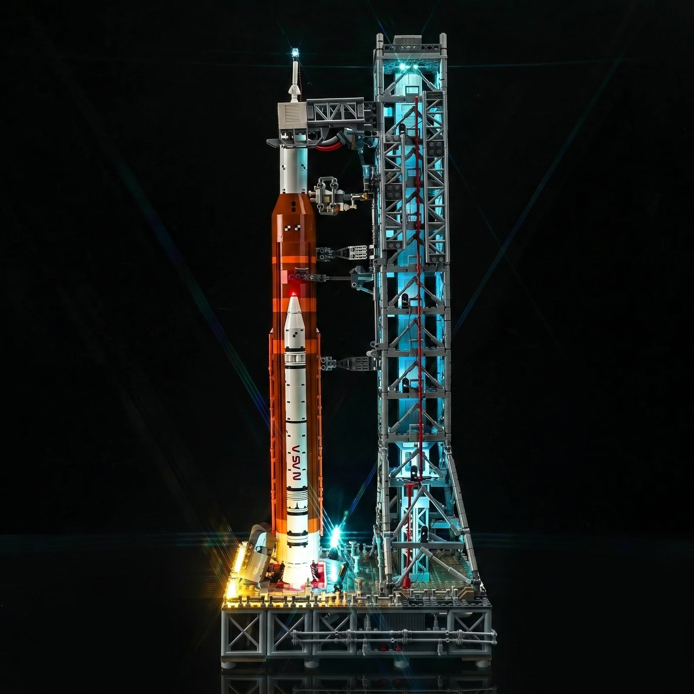 DIY LED light kit for LEGO® NASA Artemis Space Launch System #10341, illuminated at night