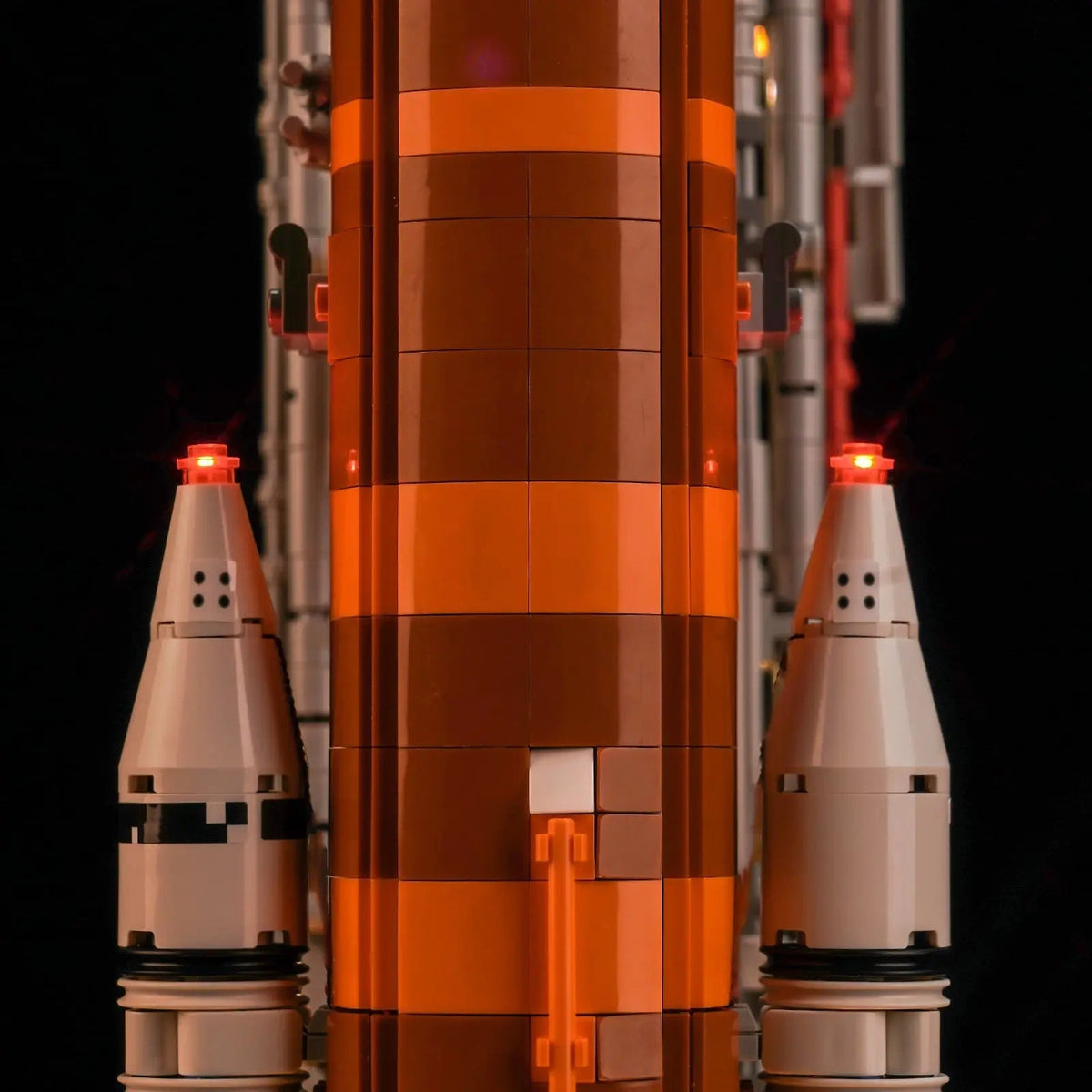 LEGO® NASA Artemis Space Launch System #10341 — illuminated at night (USB-powered LED light kit)