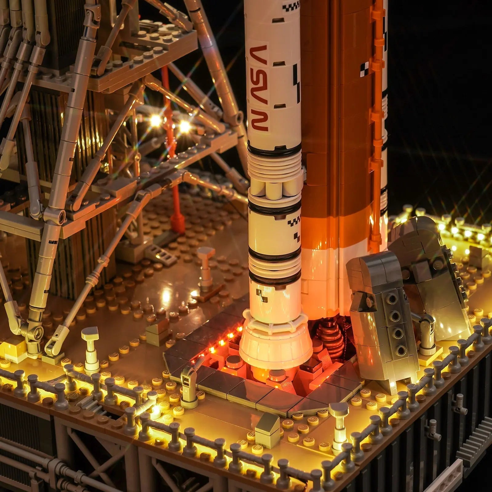 LEGO® NASA Artemis Space Launch System #10341 front view fully lit, with the light kit