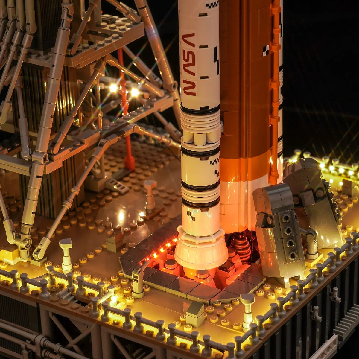 LEGO® NASA Artemis Space Launch System #10341 front view fully lit, with the light kit