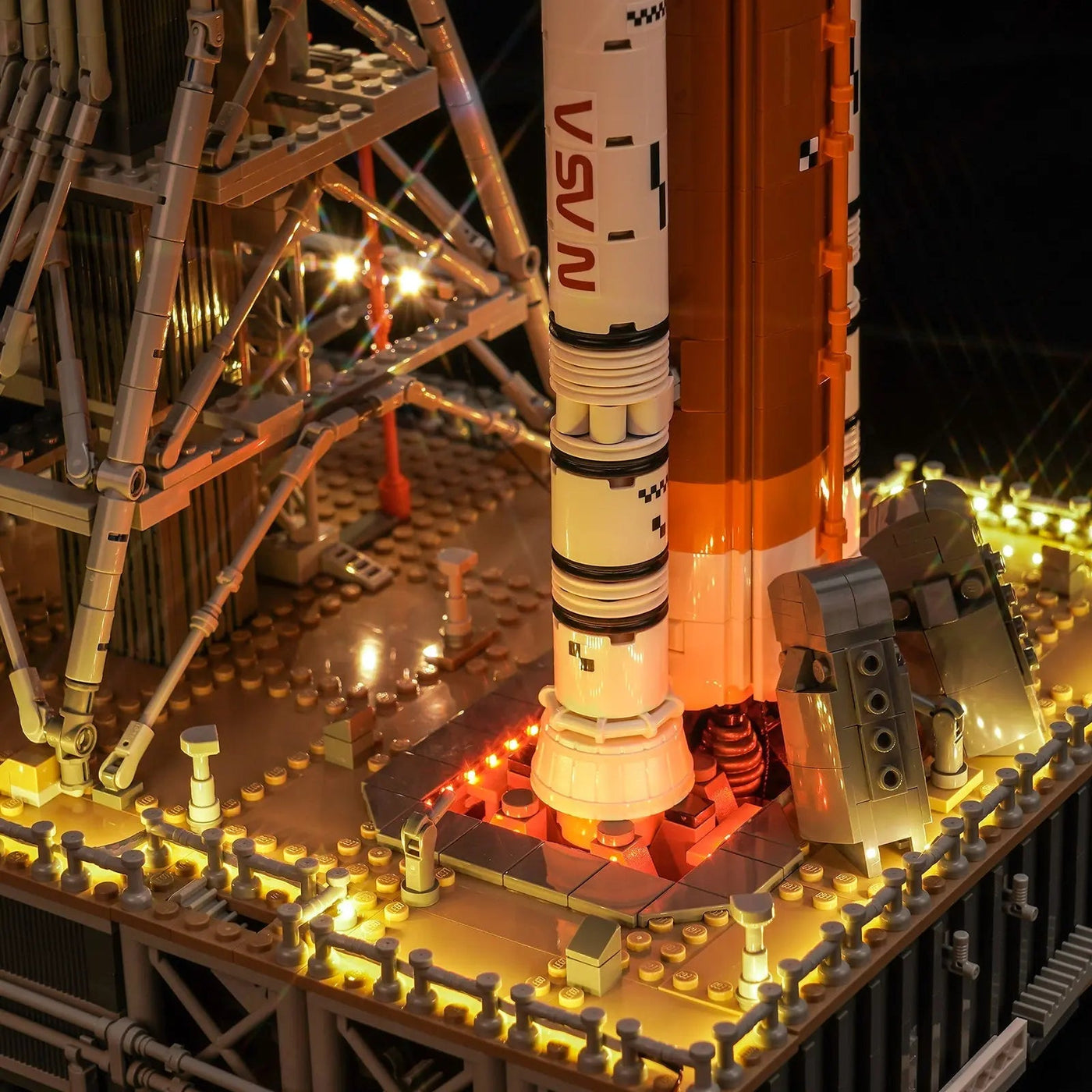 LEGO® NASA Artemis Space Launch System #10341 front view fully lit, with the light kit