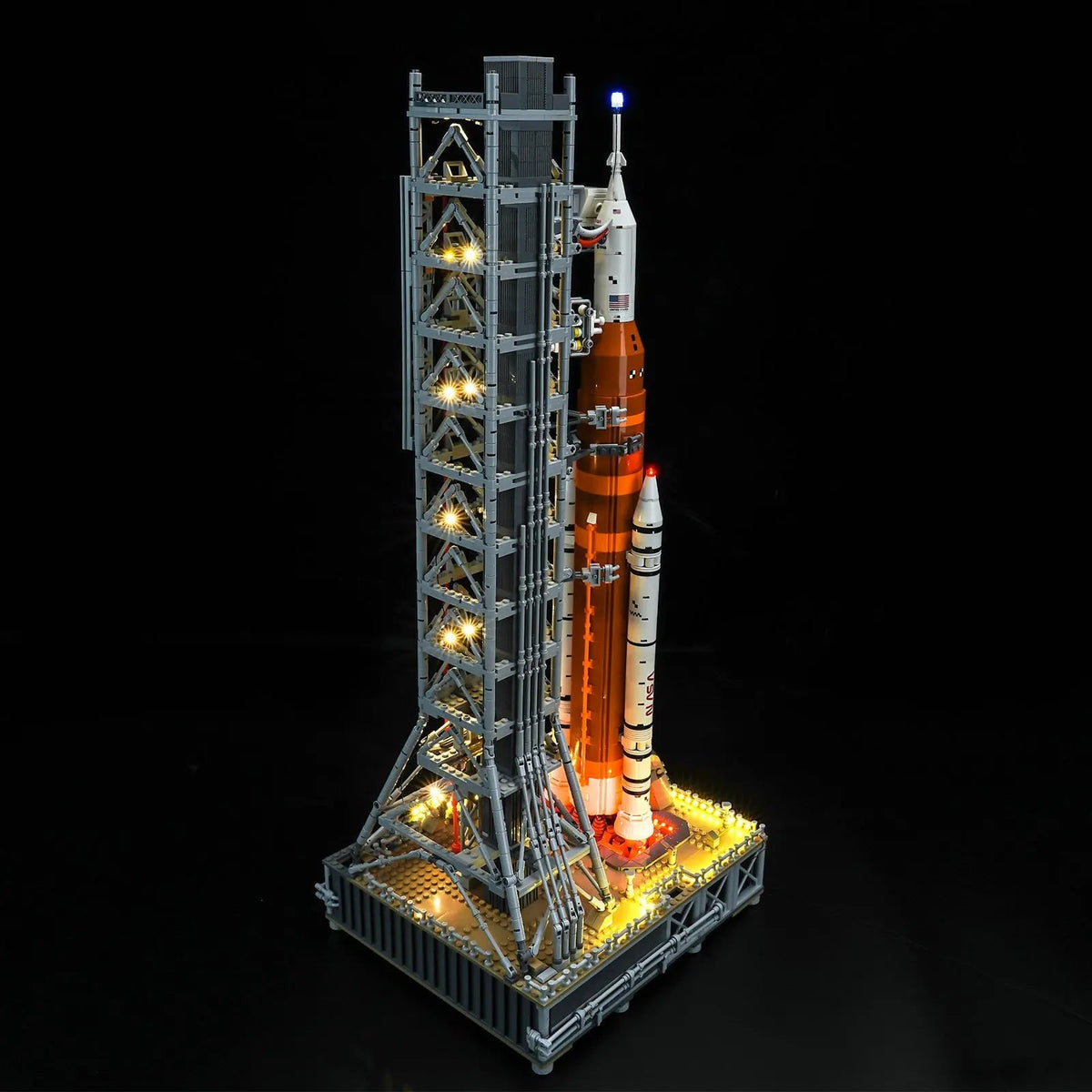 LED lights for LEGO® NASA Artemis Space Launch System #10341, installed and glowing