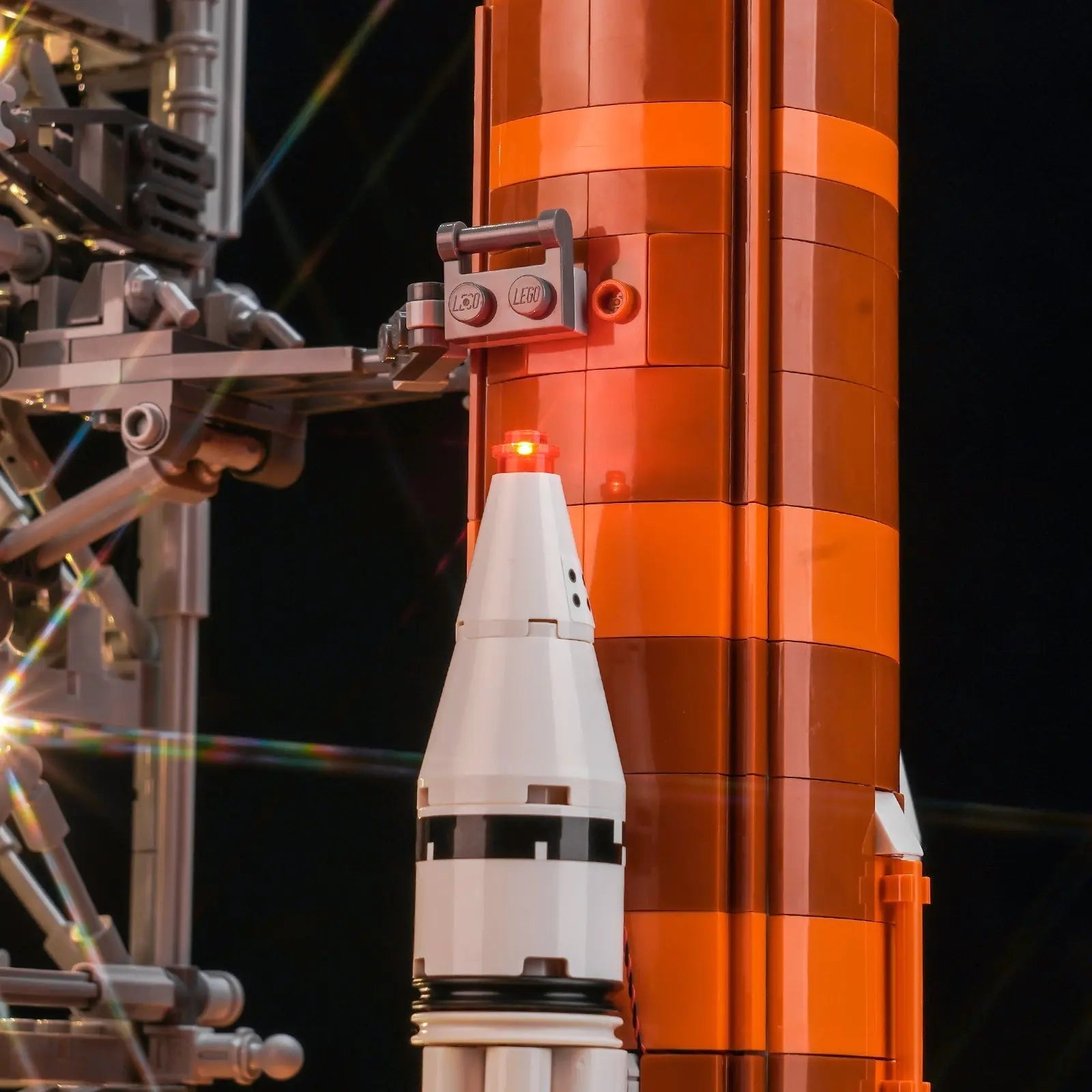 DIY LED light kit for LEGO® NASA Artemis Space Launch System #10341, illuminated at night