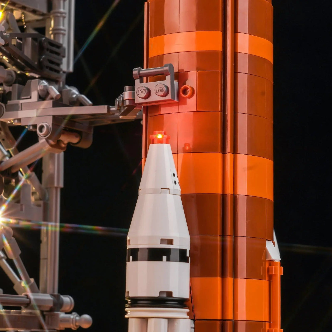 DIY LED light kit for LEGO® NASA Artemis Space Launch System #10341, illuminated at night