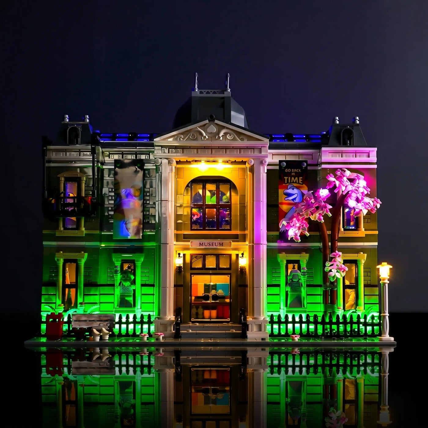 Bright My Bricks display light kit for LEGO® Natural History Museum #10326 — installed and glowing