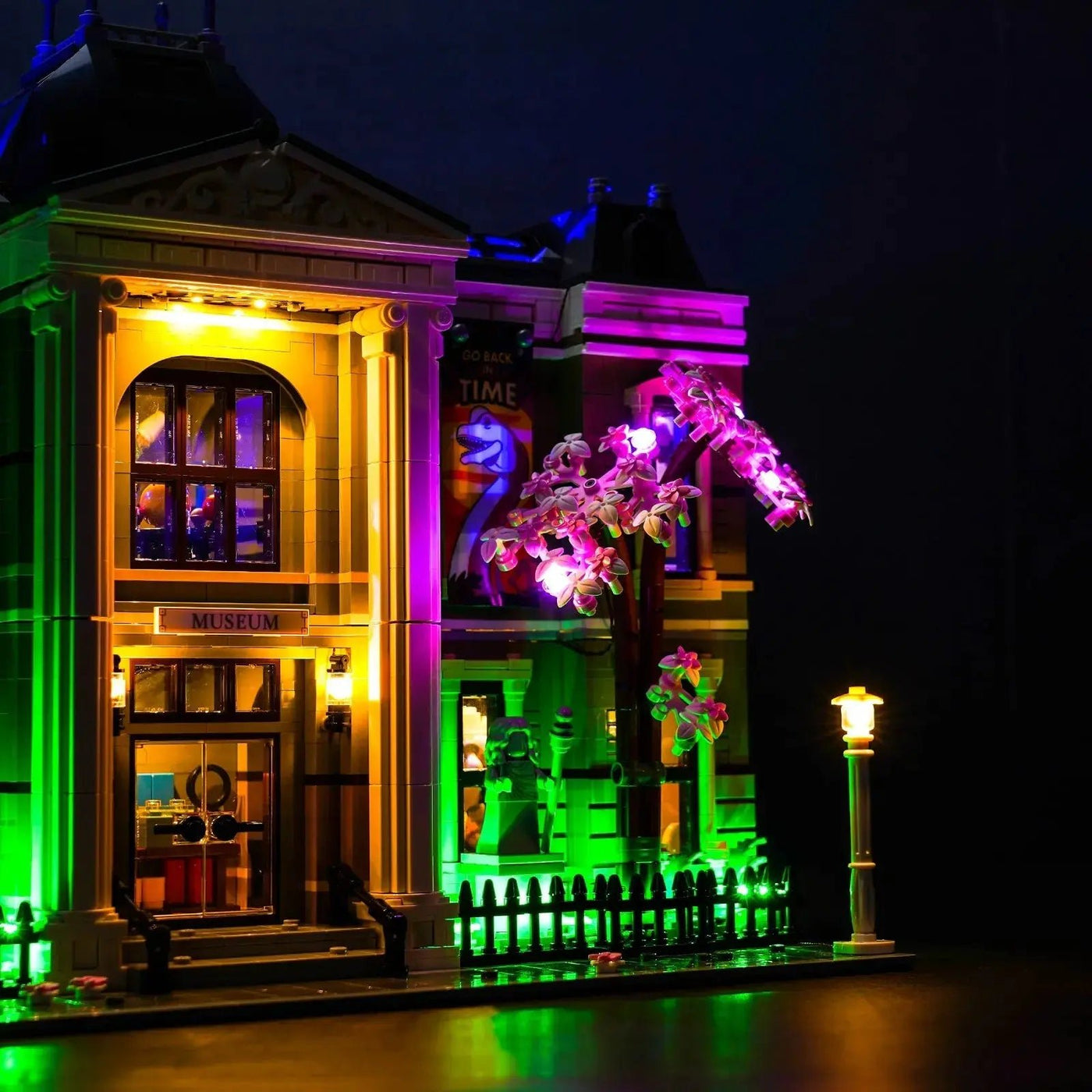 LEGO® Natural History Museum #10326 night-mode display glow, with the LED lights