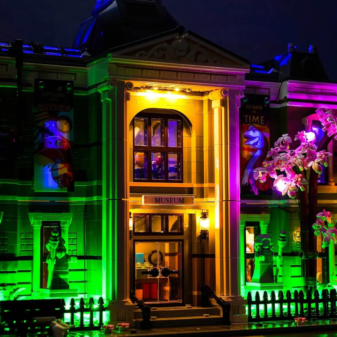 front view fully lit: Bright My Bricks custom LED lighting for LEGO® Natural History Museum #10326