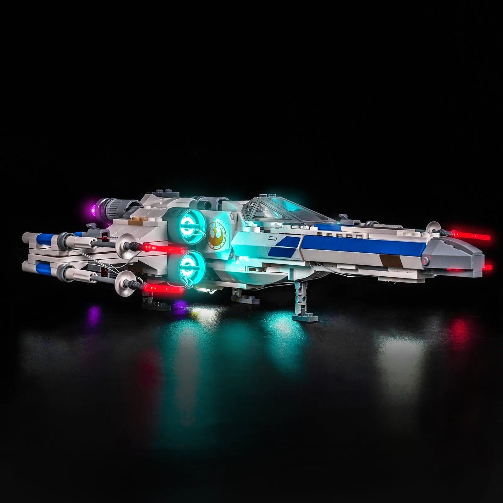 Close-up of LED lights on LEGO New Republic X-Wing Starfighter #75460