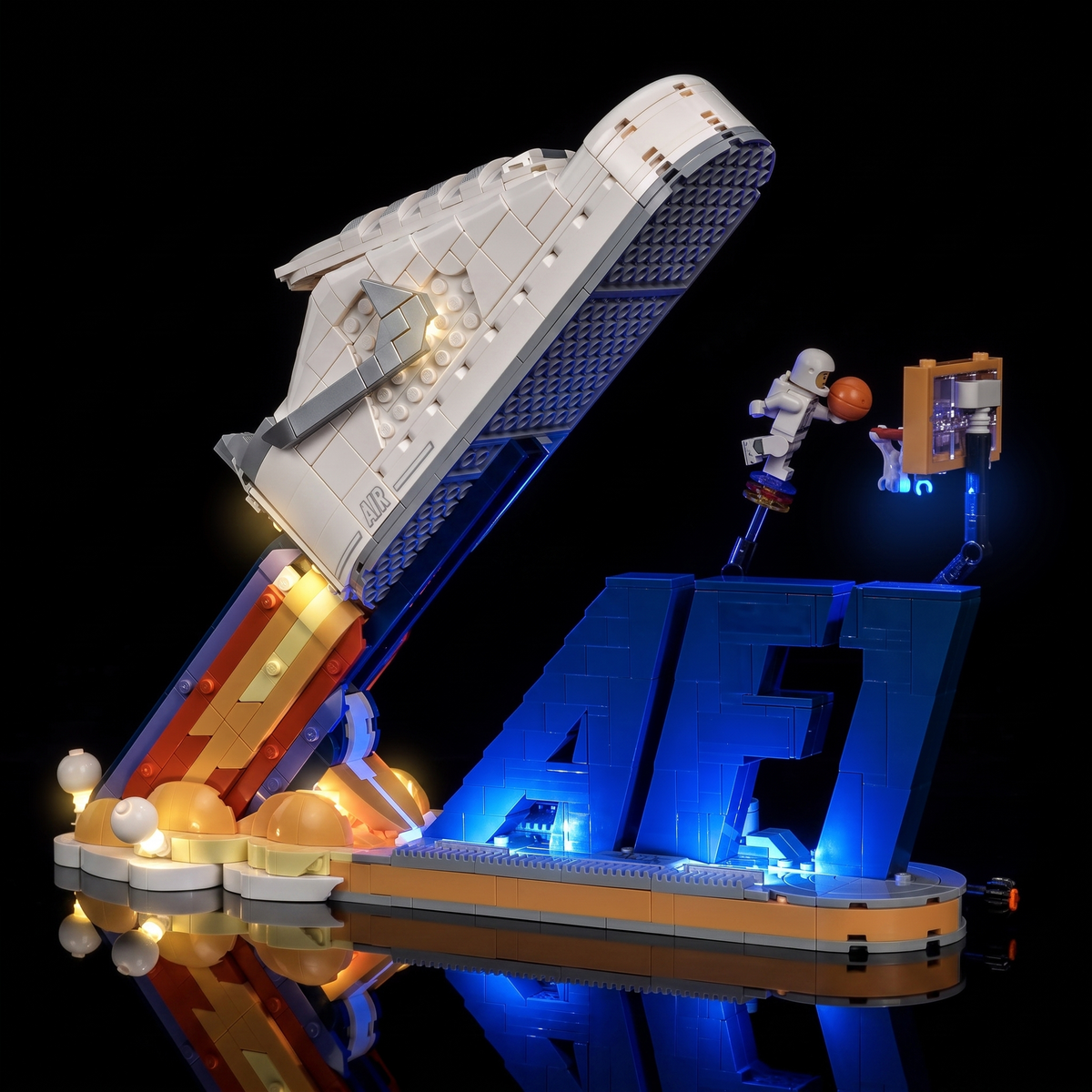 Bright My Bricks LED light kit for LEGO® Nike Air Force 1 #43026 — the display seen lit from the side