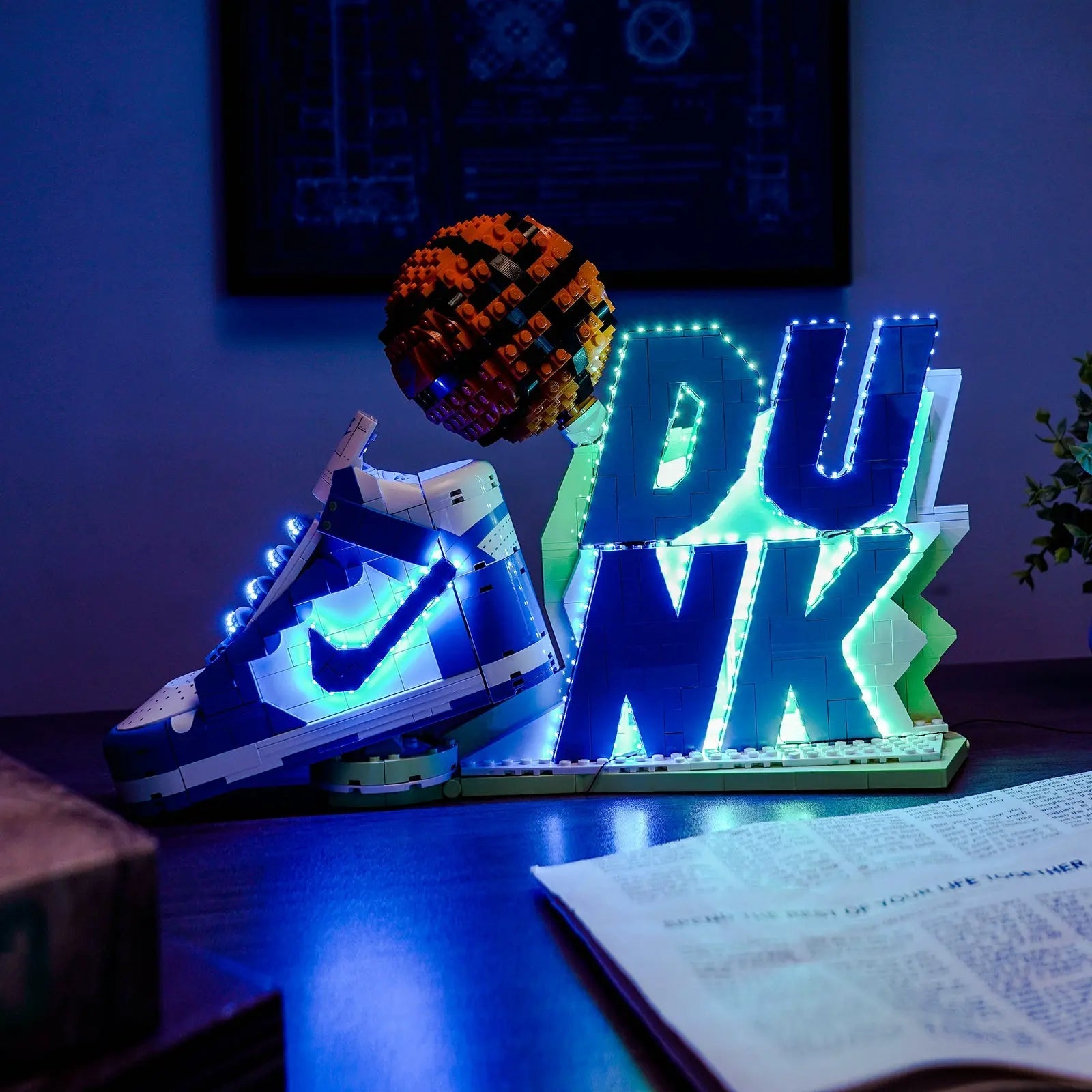 LEGO Nike Dunk #43008 illuminated at night