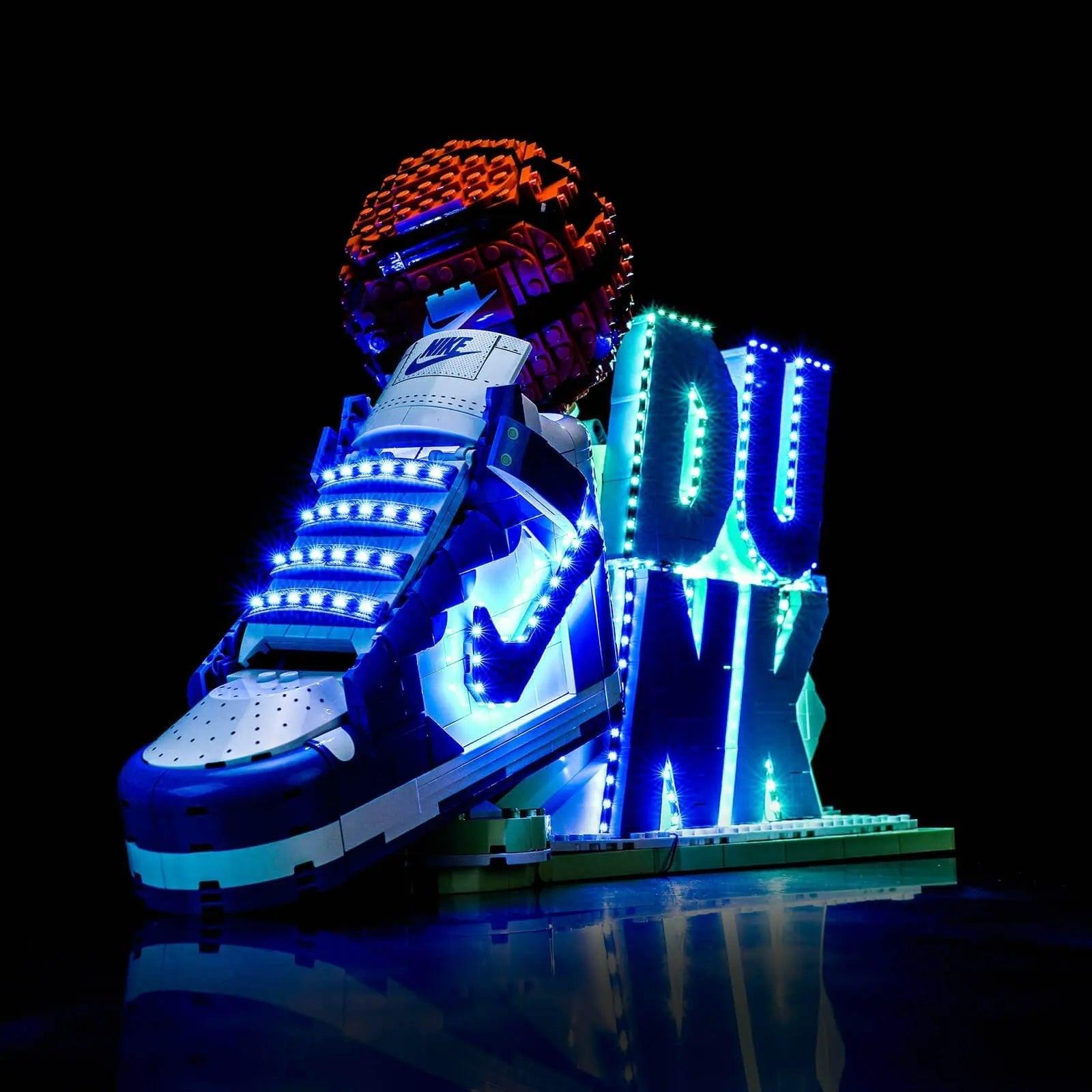 Close-up of LED lights on LEGO Nike Dunk #43008