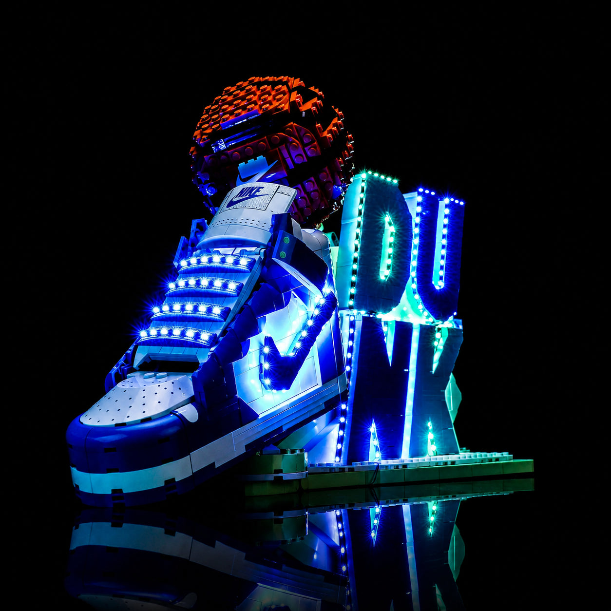 Bright My Bricks LED lights for LEGO® Nike Dunk #43008 — side angle with lights on